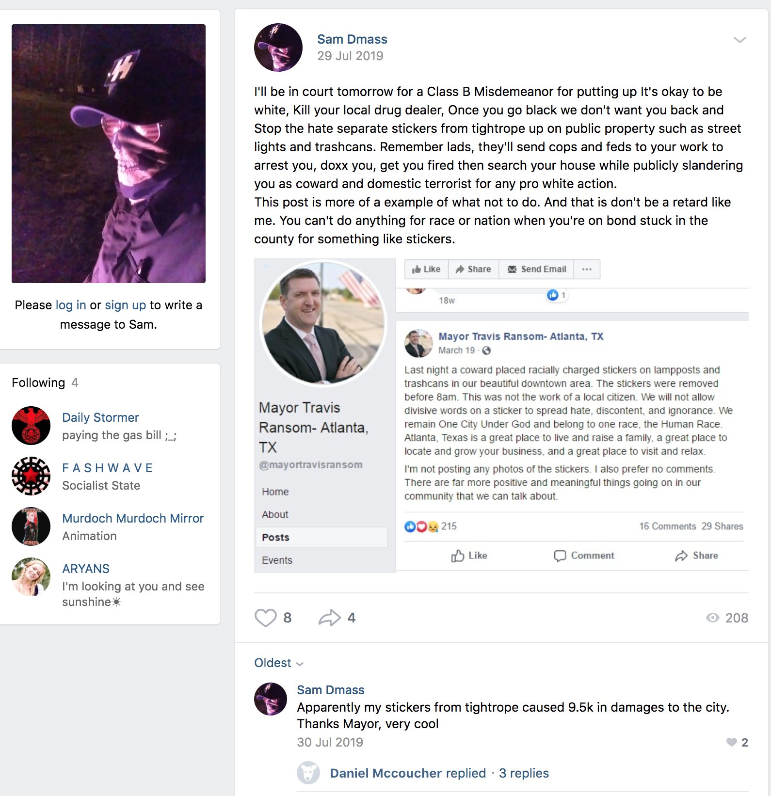 A screenshot of a social media profile for 'Sam Dmass' featuring a post about legal trouble for placing white supremacist stickers in Atlanta, Texas. The post includes a screenshot of a Facebook post by Mayor Travis Ransom condemning the stickers. The sidebar shows followed accounts like 'Daily Stormer' and 'FASHWAVE'.