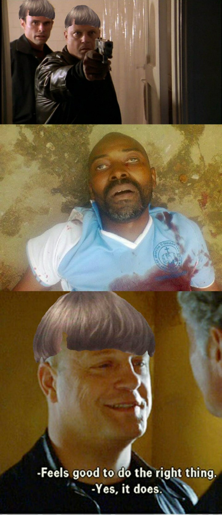A three-panel vertical collage. The top panel shows two men, one holding a gun, with bowl-cut hair photoshopped onto them. The middle panel shows a Black man lying on the ground with blood on his shirt. The bottom panel shows a close-up of the man with the gun smiling, also with photoshopped bowl-cut hair, and subtitles saying 'Feels good to do the right thing. Yes, it does.'