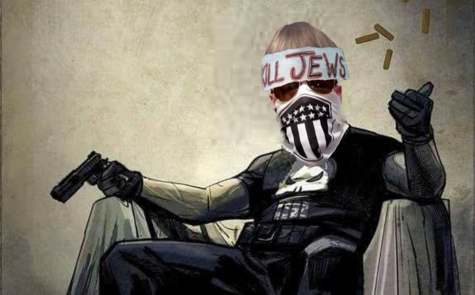 A digital composite image featuring a masked individual's head photoshopped onto the body of the comic book character The Punisher. The individual wears a headband with the antisemitic phrase 'KILL JEWS', sunglasses, and a patriotic-themed face mask while holding a handgun.
