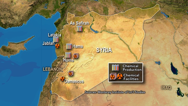 A map of Syria highlighting chemical production sites and chemical facilities in cities like Damascus, Homs, Hama, and Latakia, sourced from the Monterey Institute of International Studies.