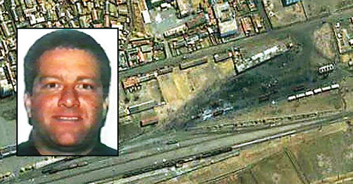 Explosion aftermath in Ryongchon, North Korea that killed a dozen Syrian missile scientists. Israeli Mossad agent Zev Barkan, inset, who was reportedly in Pyongyang at the time