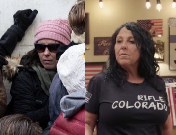 A side-by-side comparison of two women. The left image shows a woman in a pink beanie and sunglasses at a protest. The right image shows a woman with dark curly hair wearing a black t-shirt that says 'RIFLE COLORADO'.