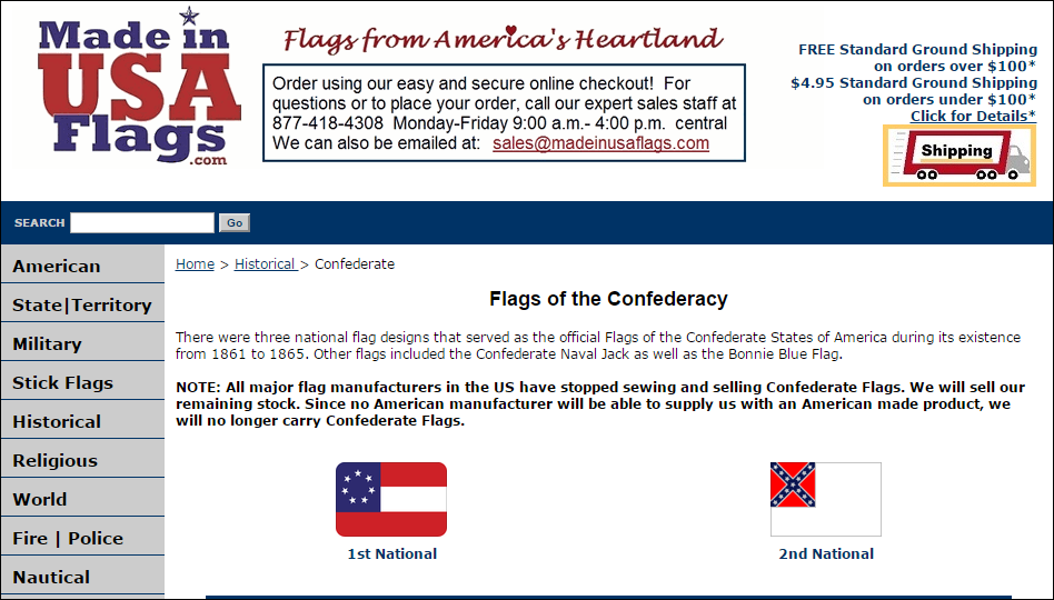 Announcement by U.S. flag company they will cease selling confederate flags because no American company will manufacture them, despite surge in sales orders in recent days.