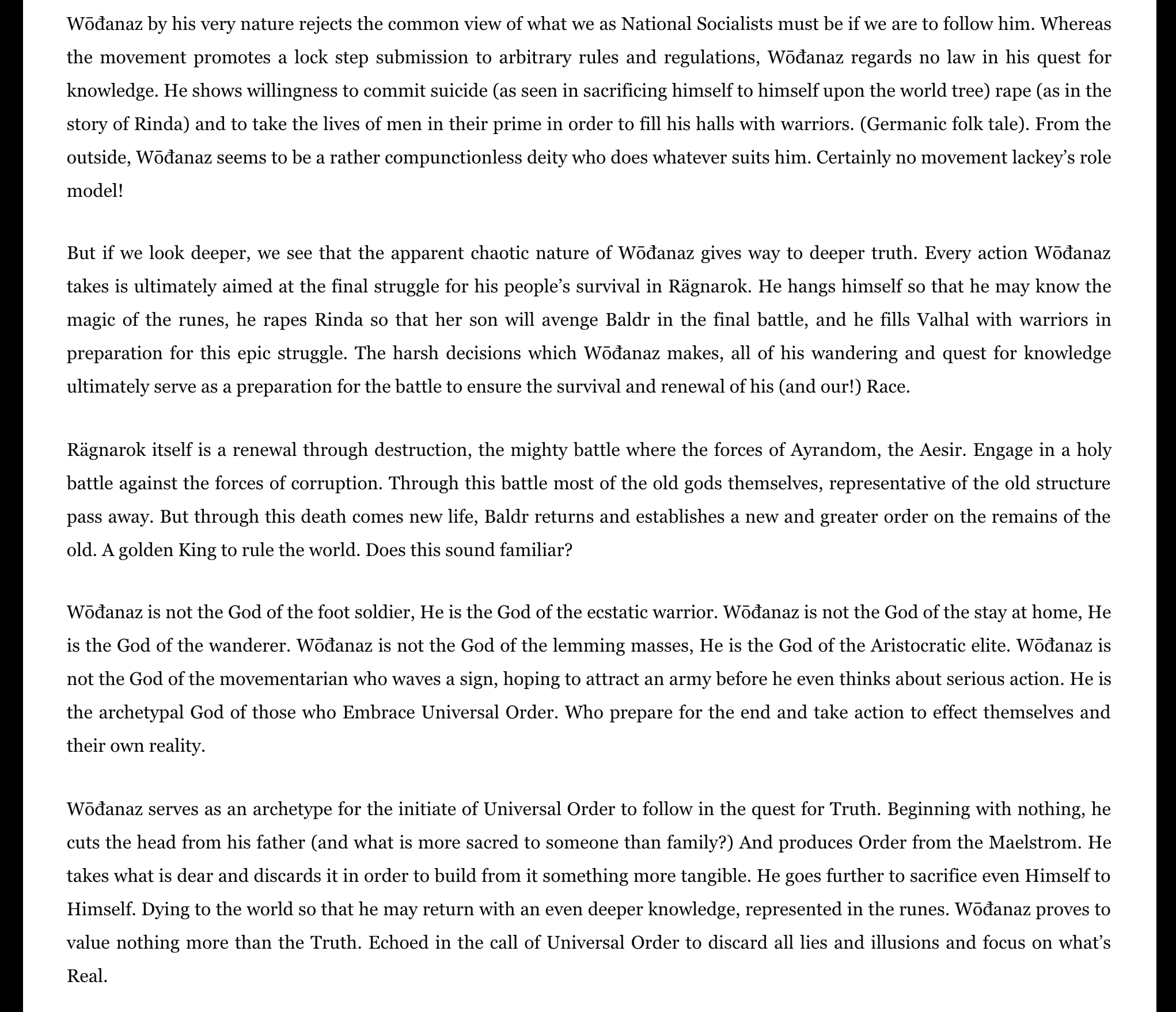 A page of text discussing the deity Wōđanaz (Odin) in the context of National Socialism, Ragnarok, and the 'Universal Order' movement.
