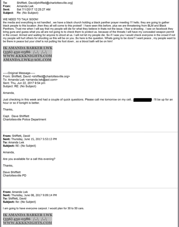 A screenshot of an email thread between Amanda Barker of the Loyal White Knights (LWK) and David Shifflett of the Charlottesville Police Department, discussing protest logistics and security concerns in June and July 2017.