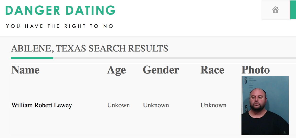 A screenshot from the website Danger Dating showing search results for Abilene, Texas. It displays a record for William Robert Lewey, including a mugshot of a man with a shaved head and a goatee.