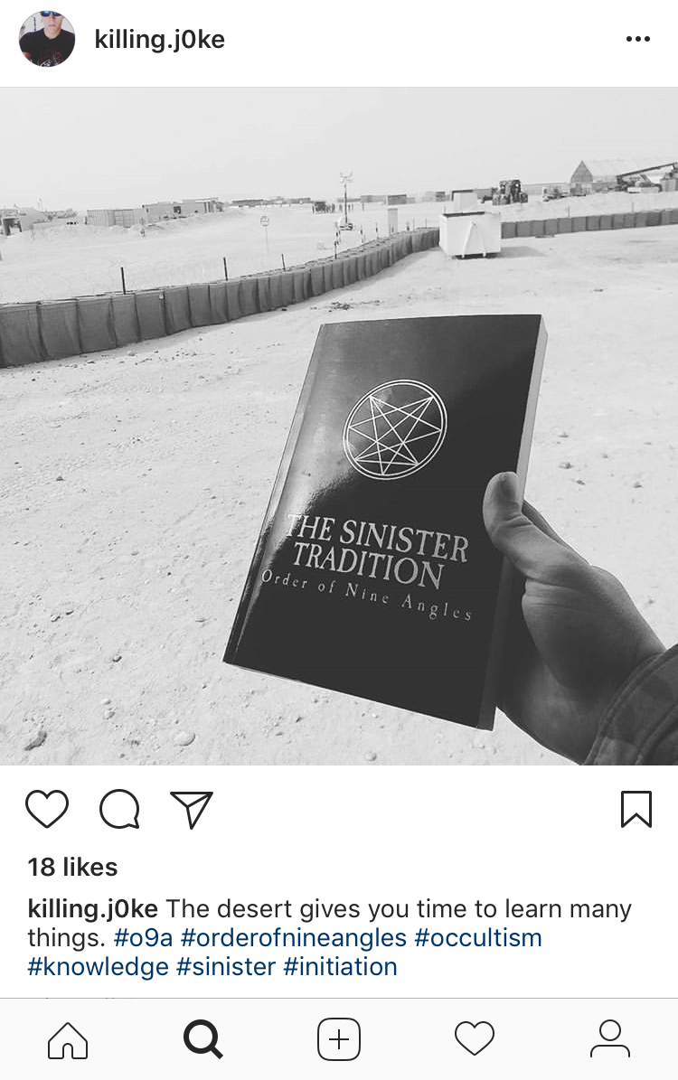 A screenshot of an Instagram post from the account 'killing.j0ke' showing a hand holding a book titled 'THE SINISTER TRADITION Order of Nine Angles' in a desert environment with military-style fortifications in the background. The caption reads 'The desert gives you time to learn many things.' with hashtags related to occultism and the Order of Nine Angles.