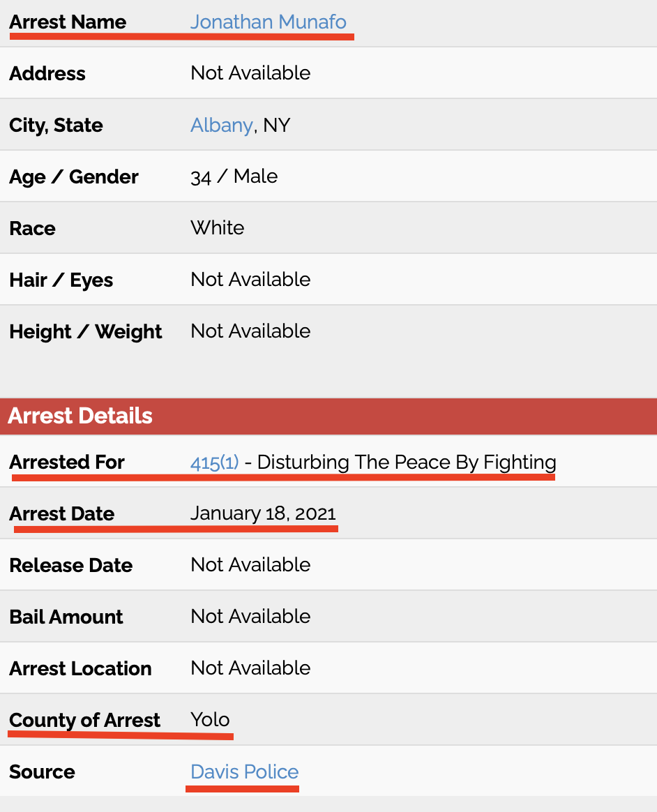 A screenshot of an arrest record for Jonathan Munafo, detailing an arrest on January 18, 2021, for disturbing the peace by fighting in Yolo County.