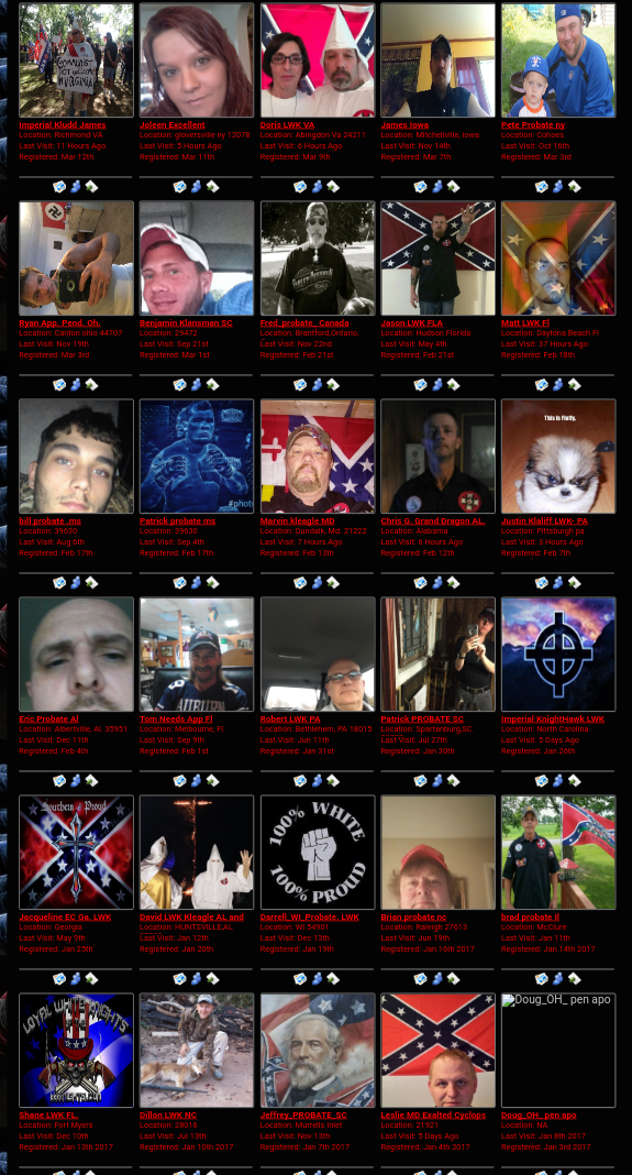 A grid of 30 profile entries from a database or website, each featuring a photo, a name in red text, and details like location and registration date. Many photos show individuals associated with white supremacist imagery, including KKK robes, Confederate flags, and Nazi symbols.