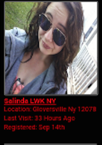 A screenshot of a profile for 'Salinda LWK NY' from Gloversville, NY, featuring a photo of a woman with long brown hair and sunglasses.