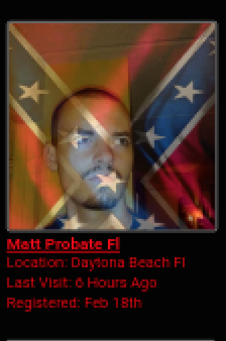 A screenshot of a user profile for 'Matt Probate Fl' from Daytona Beach, Florida, featuring a man with short hair and a goatee in front of a Confederate flag.
