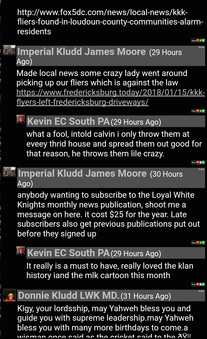 A screenshot of an online message board featuring posts from individuals identifying as members of the Loyal White Knights of the KKK, discussing flyer distribution and membership subscriptions.