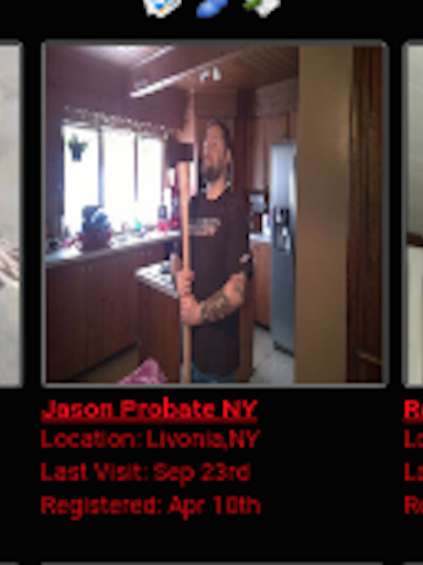 A screenshot of a profile for 'Jason Probate NY' showing a man with a beard and tattoos holding a large axe in a kitchen.