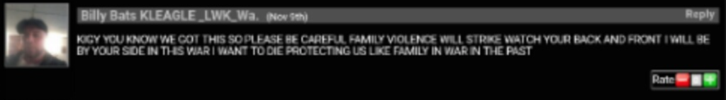 A screenshot of an online forum post by a user named 'Billy Bats KLEAGLE _LWK_Wa.' containing a message about 'family violence' and 'war' in all caps. A small profile picture of a man in a hat is visible on the left.