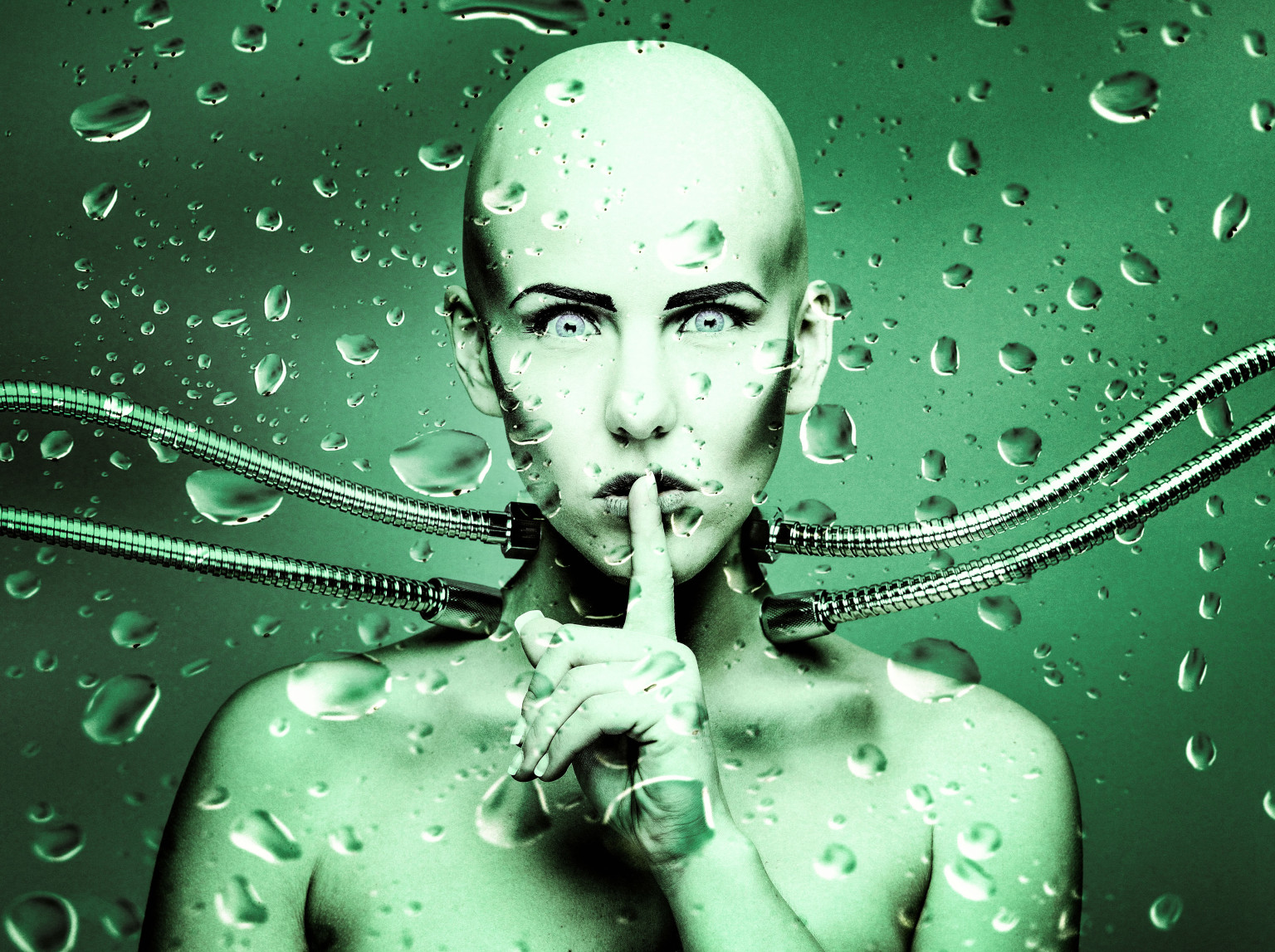 A stylized green-tinted photograph of a bald feminine figure with metallic tubes connected to their neck, holding a finger to their lips in a shushing gesture, overlaid with water droplets.