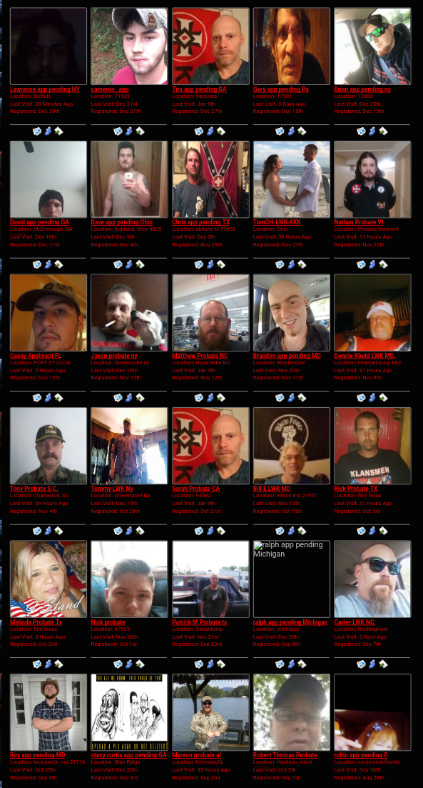 A grid of thirty profile pictures and membership status details from a website associated with the Loyal White Knights of the KKK, featuring various individuals with names like 'Tim app pending GA' and 'Nathan Probate Vt'.