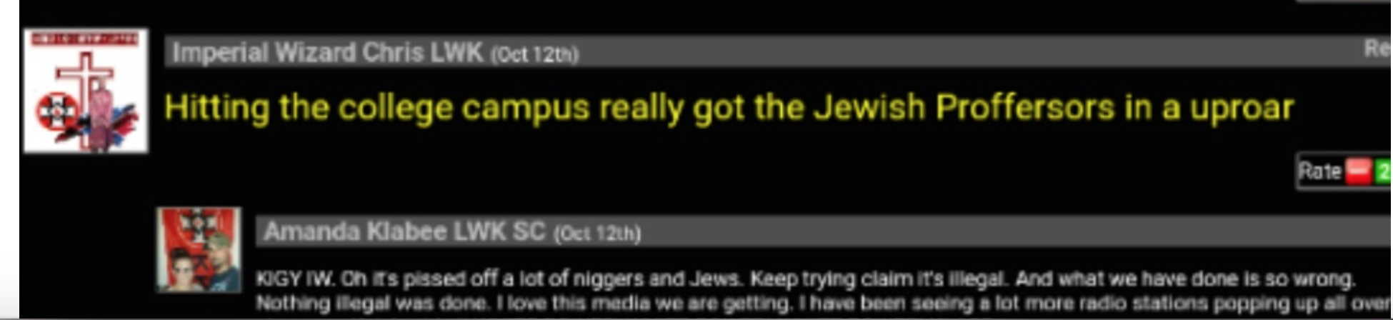 A screenshot of an online forum showing posts from members of the Loyal White Knights of the KKK, including 'Imperial Wizard Chris LWK' and 'Amanda Klabee LWK SC,' containing hate speech and references to college campus activities.