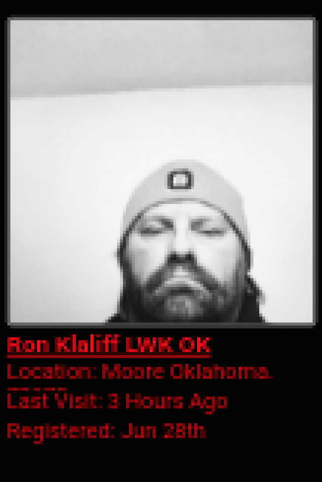 A low-resolution screenshot of a profile for Ron Klaliff LWK OK from Moore, Oklahoma, featuring a black and white photo of a man with a full beard wearing a beanie.