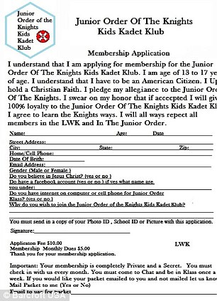 A membership application form for the Junior Order Of The Knights Kids Kadet Klub, a youth organization associated with the KKK.
