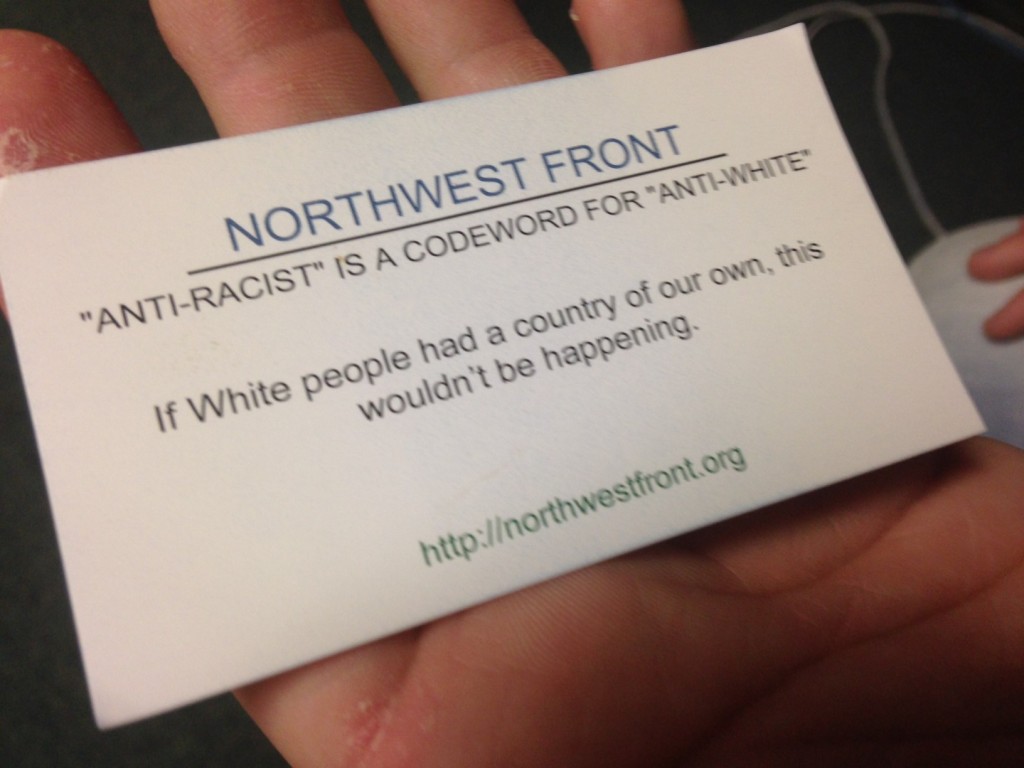 A Northwest Front business card delivered to a South Carolina man in October 2014