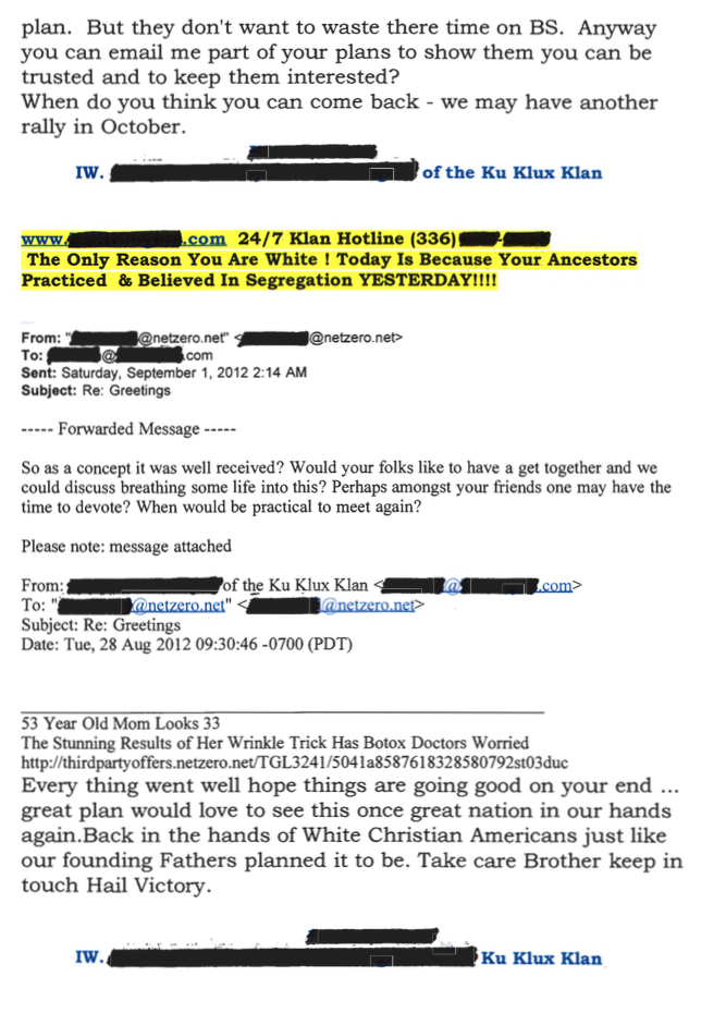 A screenshot of an email thread between individuals associated with the Ku Klux Klan. The text discusses potential meetings and rallies. A highlighted section features a '24/7 Klan Hotline' and a white supremacist slogan regarding segregation.
