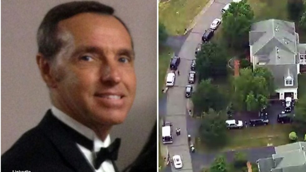 A split-screen image featuring a portrait of a Caucasian man in a tuxedo on the left and an aerial view of a suburban street with multiple parked cars on the right.