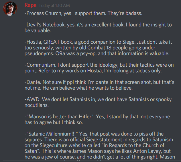 A screenshot of a Discord message from a user named 'Rape' discussing extremist ideologies, including support for the Process Church, references to 'Siege' and 'AWD' (Atomwaffen Division), and comparisons between Charles Manson and Adolf Hitler.