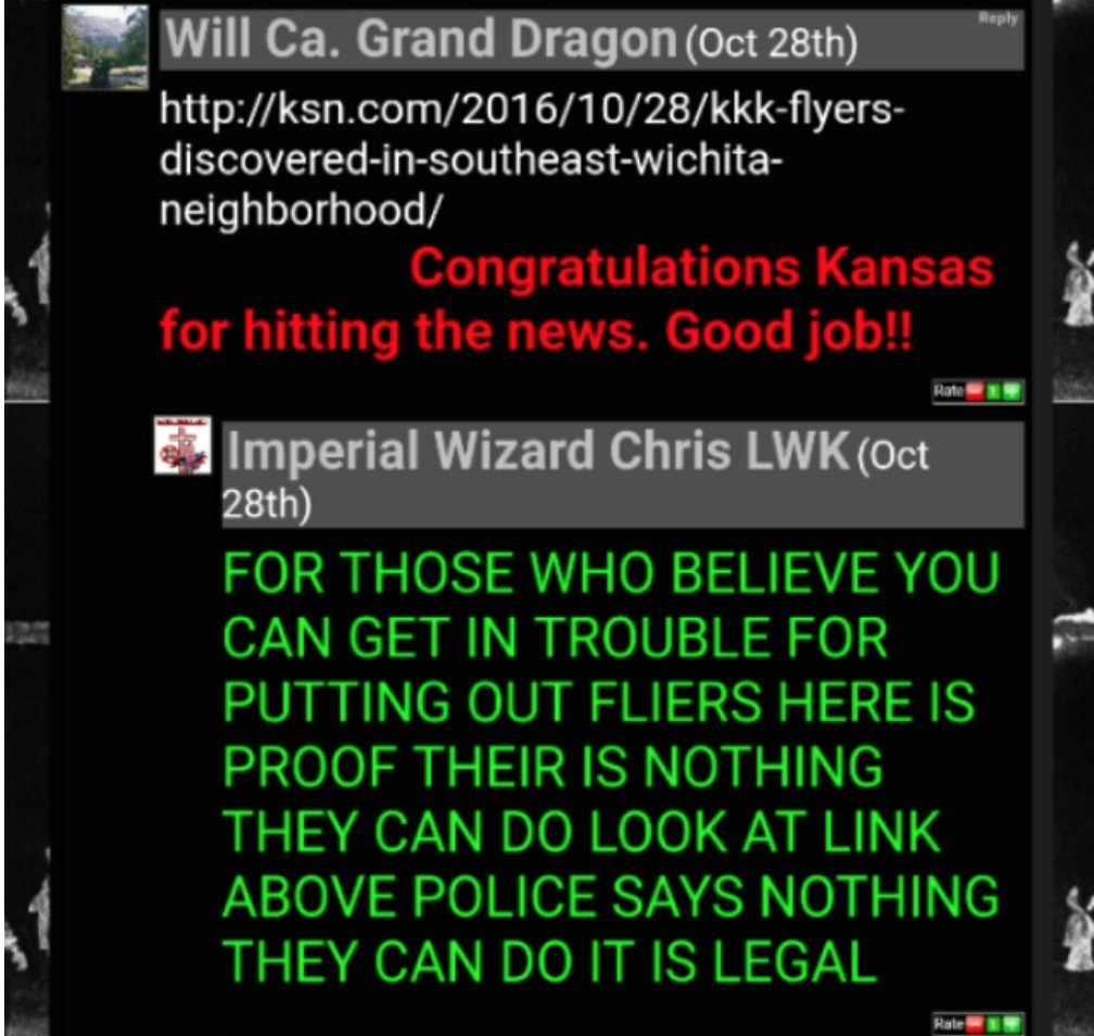 A screenshot of two forum posts from a KKK-related message board. The first post by 'Will Ca. Grand Dragon' shares a news link about KKK flyers in Kansas. The second post by 'Imperial Wizard Chris LWK' claims that distributing such flyers is legal and the police cannot stop them.