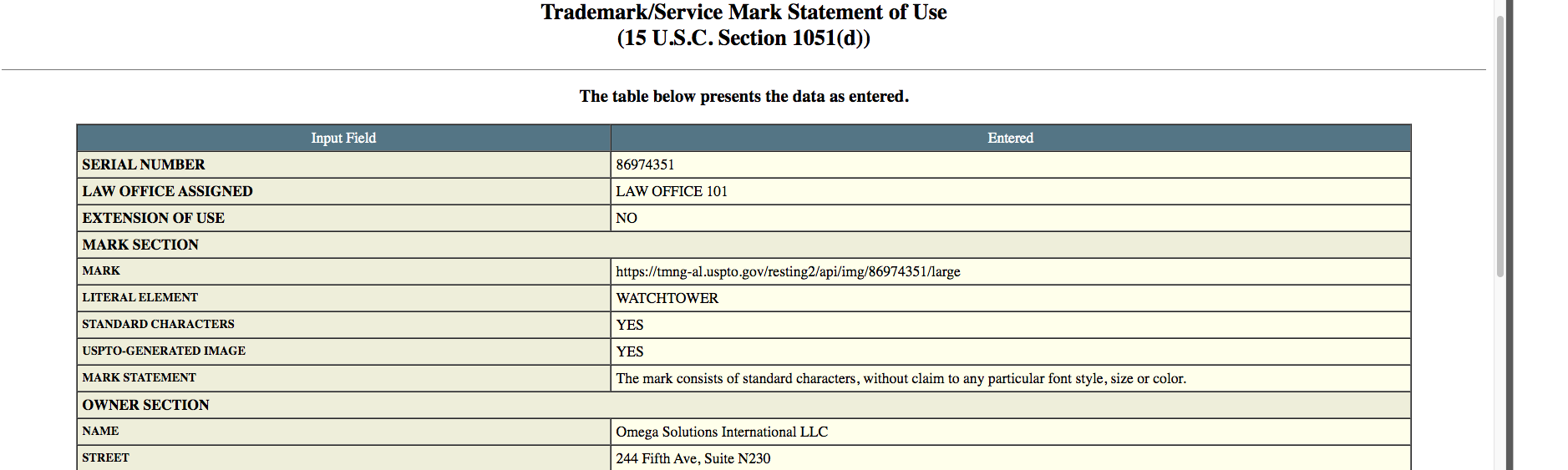A screenshot of a Trademark/Service Mark Statement of Use document for the literal element 'WATCHTOWER' filed by Omega Solutions International LLC.