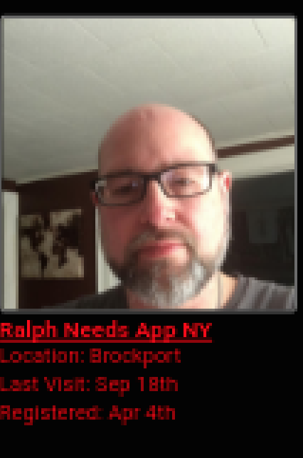 A screenshot of a profile featuring a photograph of a bald Caucasian man with glasses and a full grey beard. Red text below the image identifies the individual as 'Ralph Needs App NY' from Brockport.