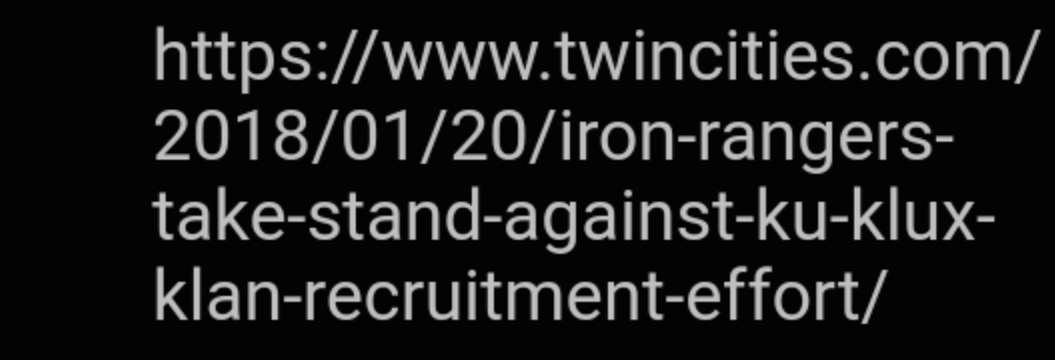A screenshot of a URL from twincities.com about Iron Rangers taking a stand against Ku Klux Klan recruitment efforts.
