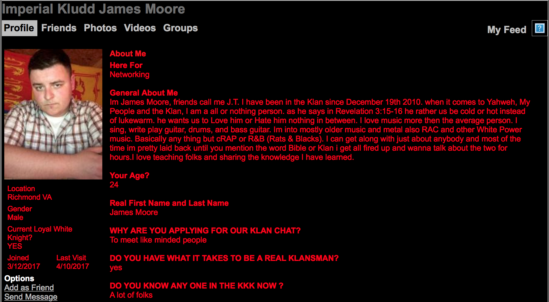 A screenshot of a social media profile for 'Imperial Kludd James Moore', a member of the Loyal White Knights of the Ku Klux Klan. The profile includes a photo of a young man with dark hair and text detailing his involvement in the organization.