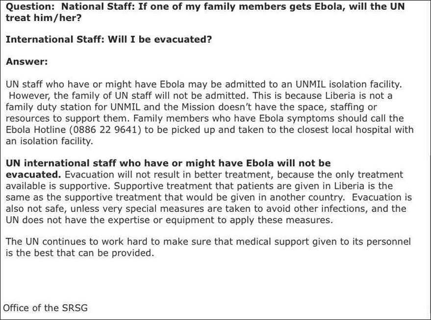 Confidential UN document advising UN staff they will not be evacuated if they contract Ebola October 3, 2014