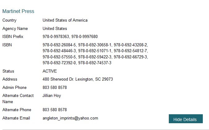 A screenshot showing registration details for Martinet Press, including its address in Lexington, South Carolina, ISBN numbers, and contact information for Jillian Hoy.