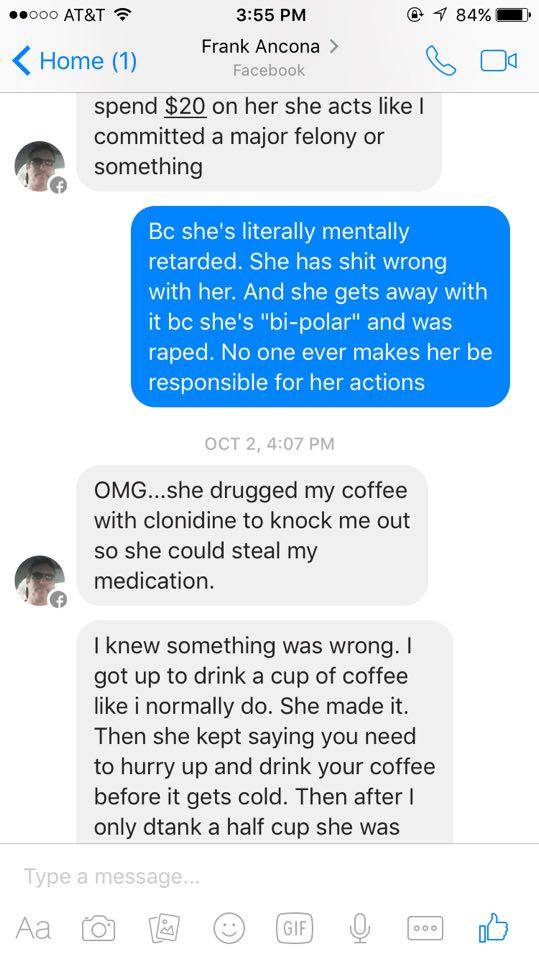 A screenshot of a Facebook Messenger conversation with Frank Ancona, where he describes being drugged by his wife with clonidine so she could steal his medication.