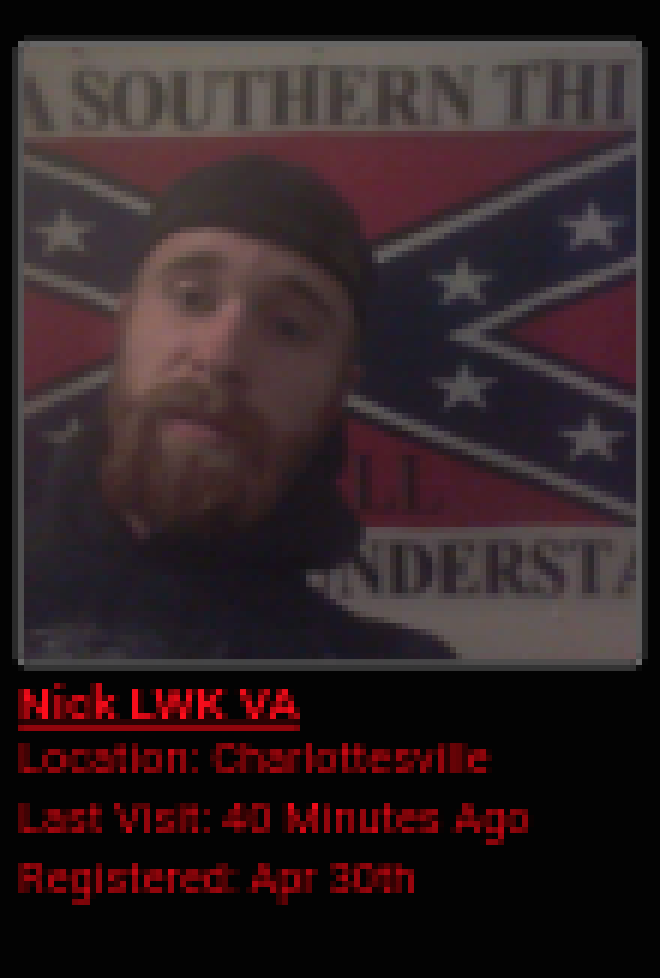 A screenshot of a profile for 'Nick LWK VA' from Charlottesville, showing a man with a full beard and a beanie in front of a Confederate flag.