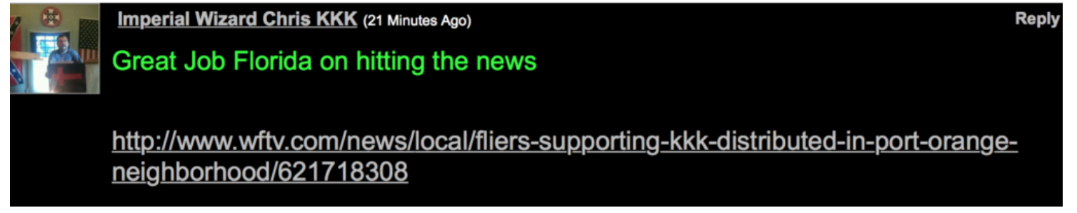 A screenshot of a message board post by 'Imperial Wizard Chris KKK' praising news coverage of KKK fliers in Florida. The post includes a small profile picture of a man at a podium and a link to a news article.