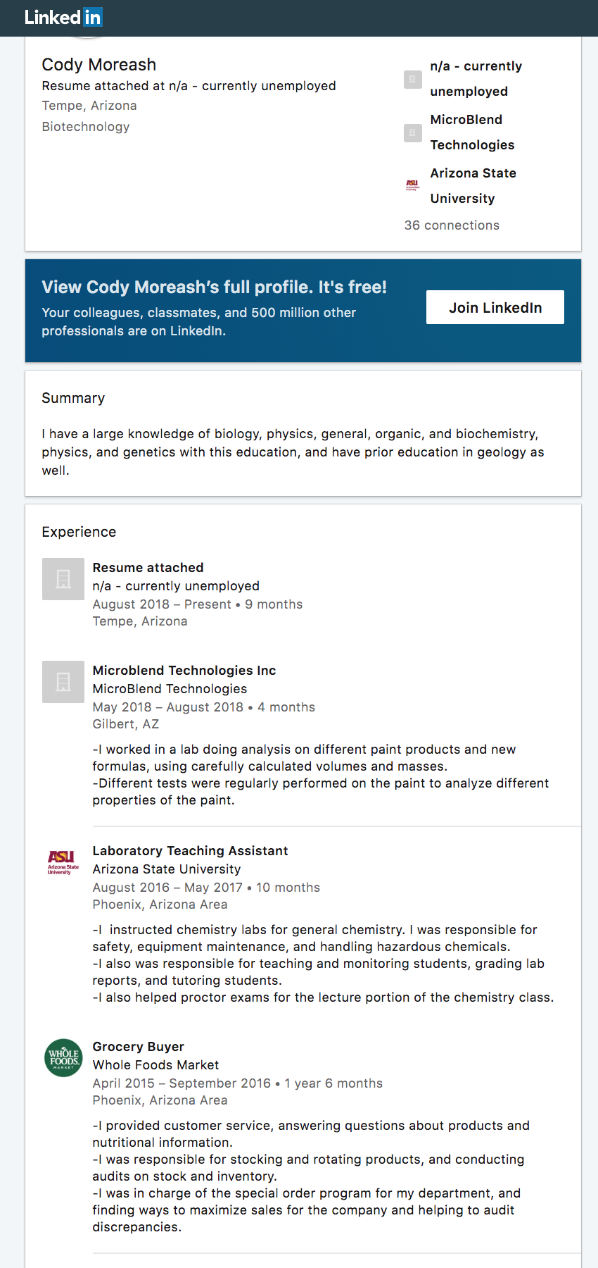 A screenshot of Cody Moreash's LinkedIn profile, detailing his professional experience in biotechnology and retail.