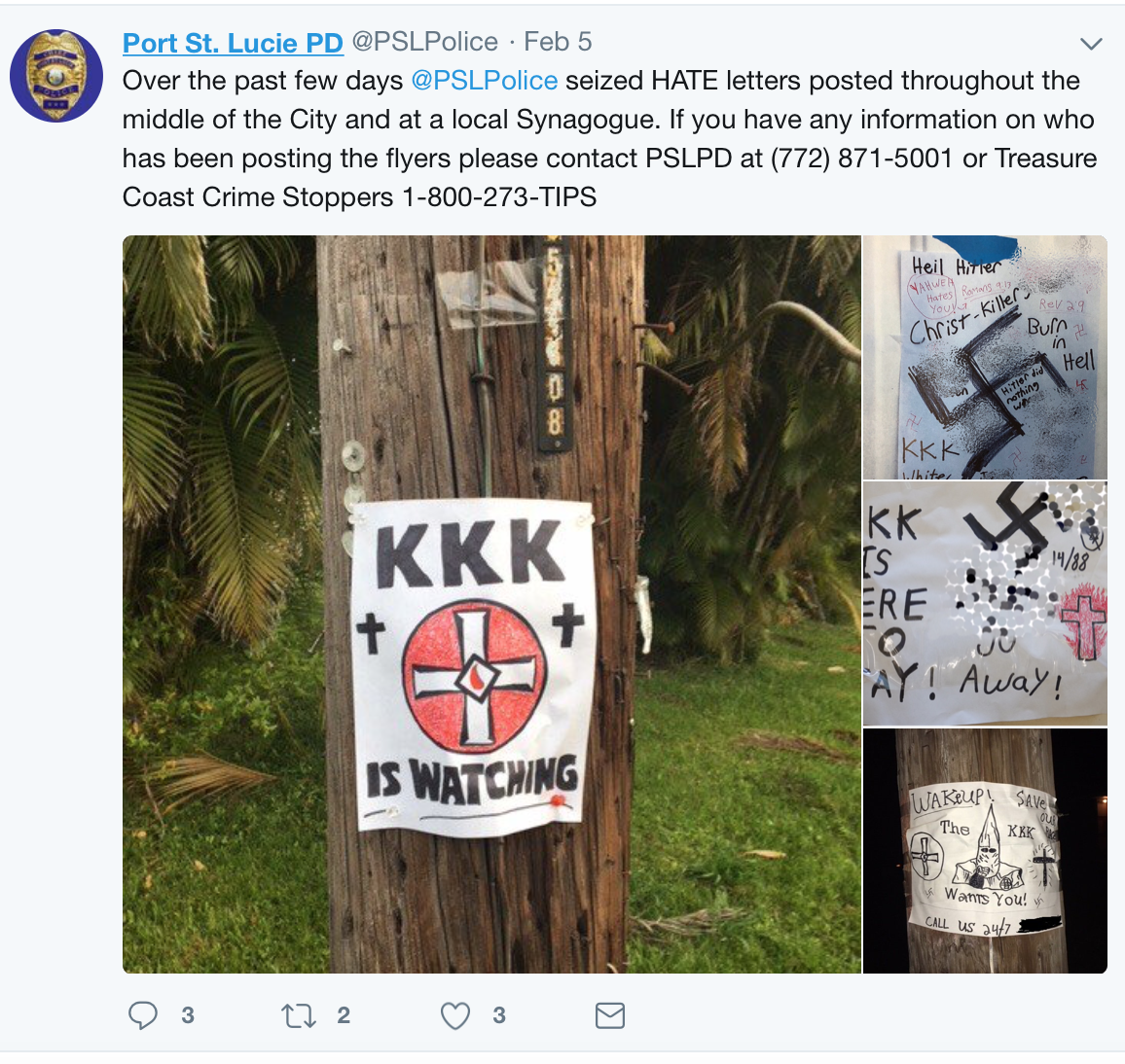 A screenshot of a tweet from the Port St. Lucie Police Department displaying several photos of KKK and neo-Nazi flyers posted on utility poles. The flyers feature hate speech and extremist symbols like swastikas and the KKK blood drop cross.