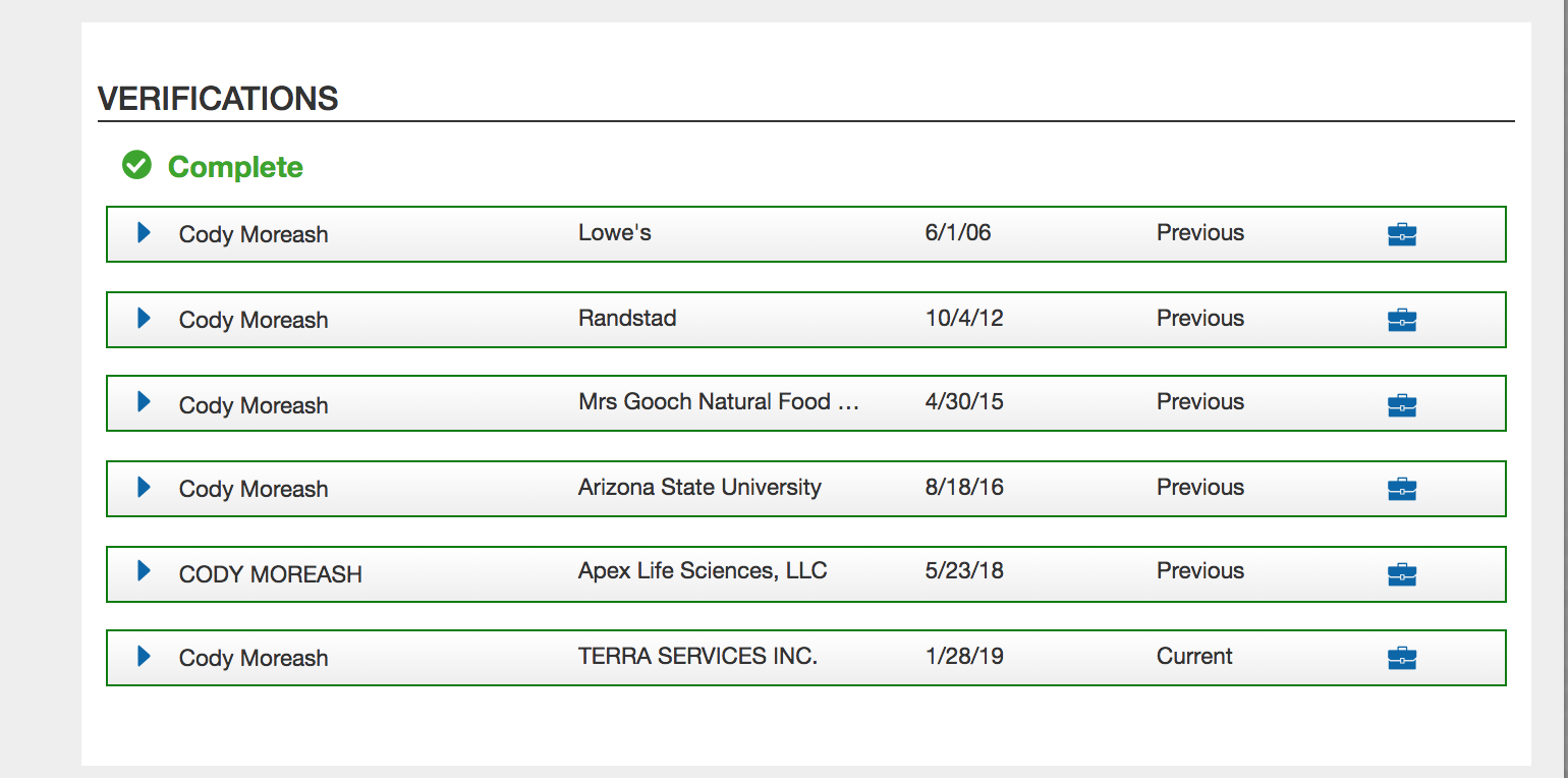 A screenshot of a verification report for Cody Moreash, listing various past and current employers such as Lowe's, Randstad, Arizona State University, and Apex Life Sciences.