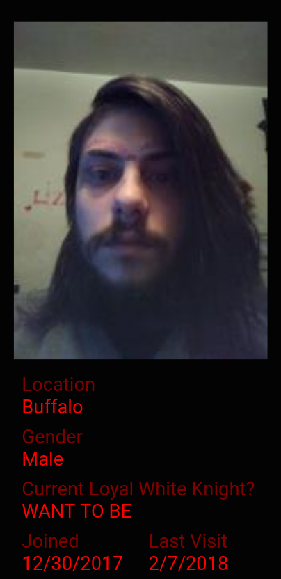 A screenshot of a profile for a man with long dark hair and a beard. The text below indicates he is from Buffalo and wants to be a 'Loyal White Knight' of the KKK.