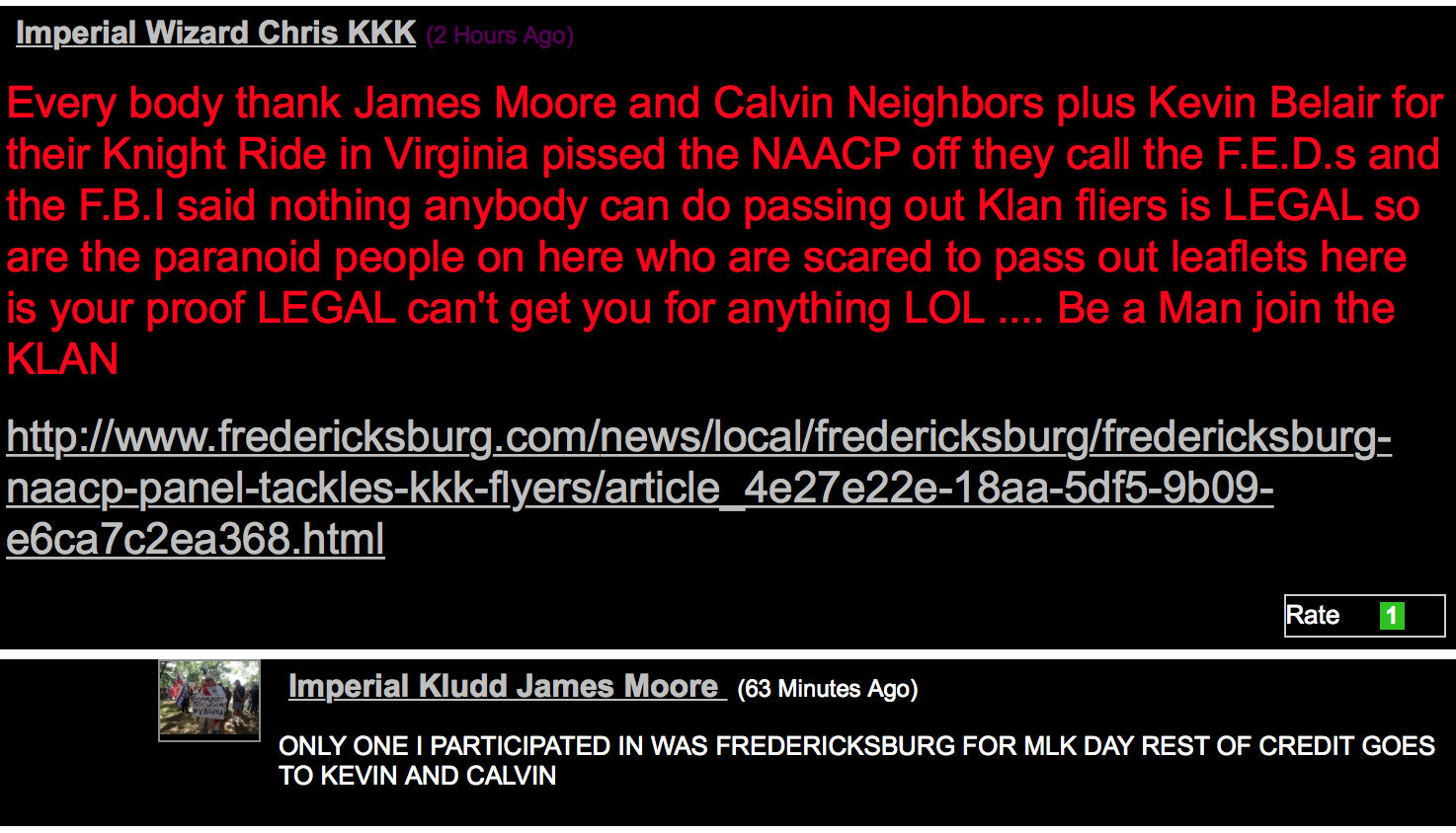 A screenshot of a forum post by 'Imperial Wizard Chris KKK' with red text on a black background, discussing KKK activities in Virginia and recruitment. It includes a link to a Fredericksburg news article and a reply from 'Imperial Kludd James Moore'.