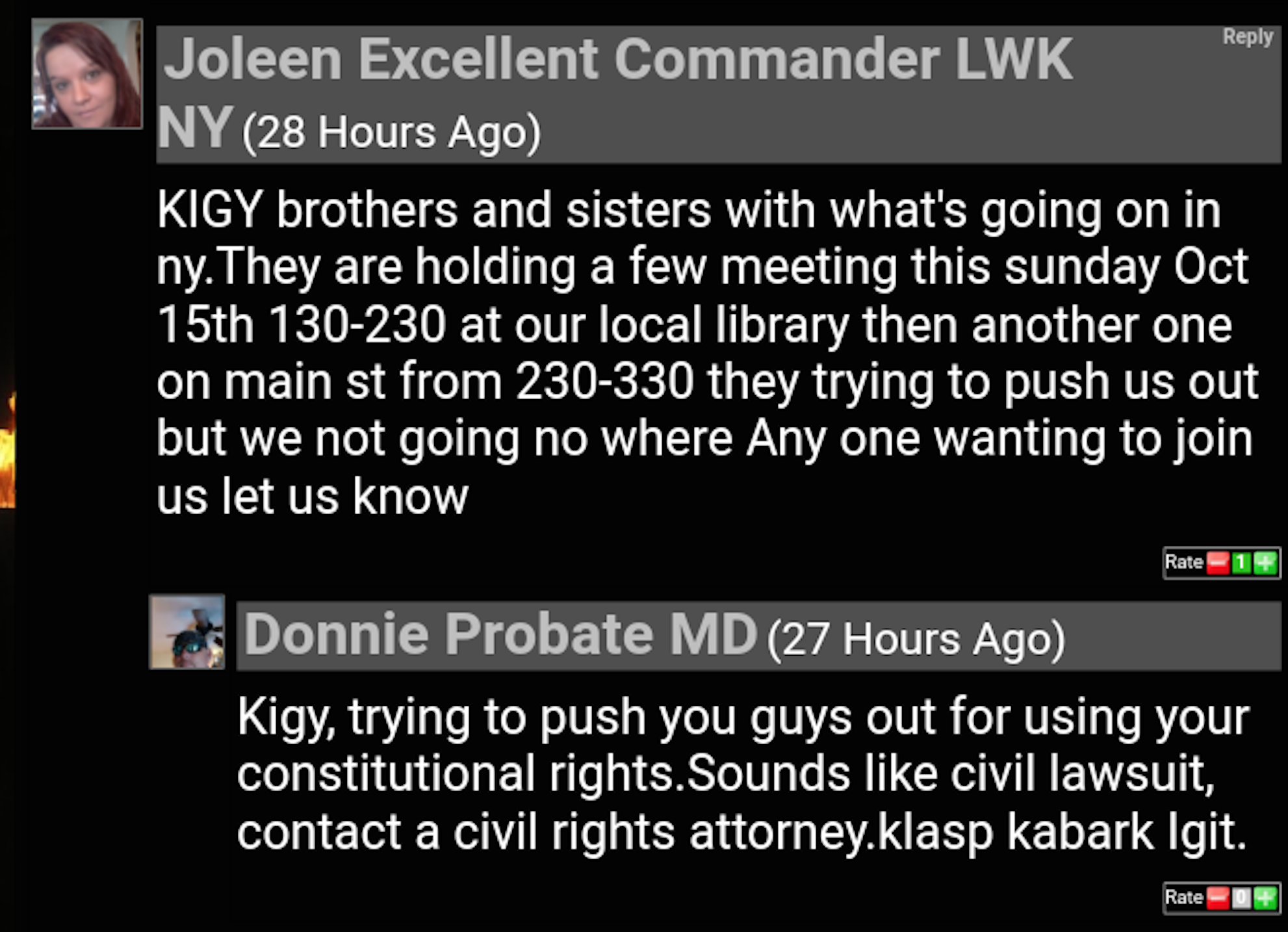 A screenshot of two online forum comments from a KKK-related message board. The first post by 'Joleen Excellent Commander LWK NY' mentions a meeting on October 15th. The second post by 'Donnie Probate MD' discusses constitutional rights and uses KKK acronyms.