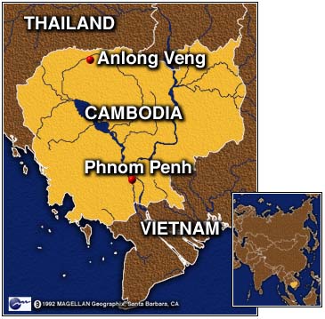 A map of Cambodia highlighting Anlong Veng and Phnom Penh, with neighboring Thailand and Vietnam labeled.