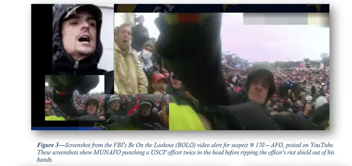 A composite of screenshots from an FBI BOLO video alert showing Jonathan Munafo during the January 6th Capitol riot. The images show him in a black hooded jacket and a camouflage hat.