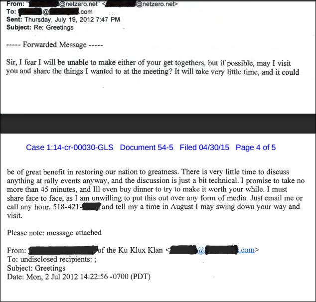 A screenshot of a court document, Case 1:14-cr-00030-GLS, displaying an email thread from July 2012. The email includes a forwarded message from a redacted individual associated with the Ku Klux Klan, requesting a face-to-face meeting to discuss matters of national importance.