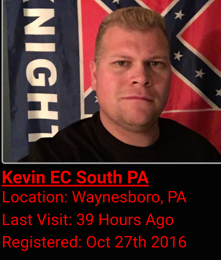 A screenshot of a profile for 'Kevin EC South PA' from Waynesboro, PA, registered on Oct 27th 2016. The profile picture shows a Caucasian man with short blonde hair in front of a Confederate flag and a flag that says 'KNIGHT'.