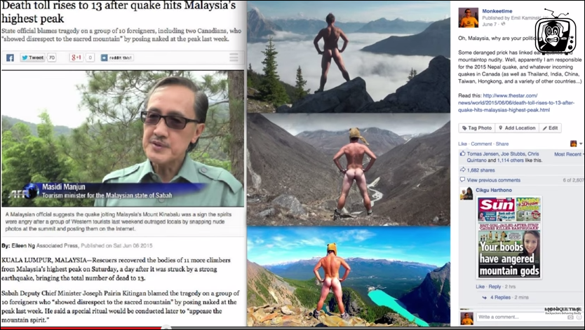 Fake Facebook post that sparked word wide media attention to naked mountain climbers accused of causing Malaysian earthquakes