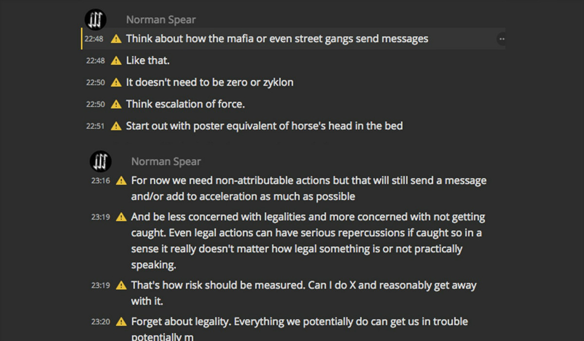 A screenshot of a chat log from a user named Norman Spear discussing tactics for a group, mentioning non-attributable actions and accelerationism.