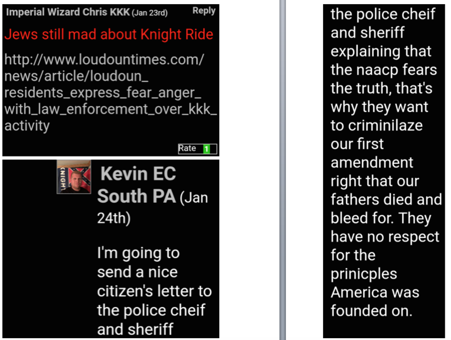 A composite screenshot of an online forum featuring posts from individuals identified as KKK members, including 'Imperial Wizard Chris KKK' and 'Kevin EC South PA'. The posts contain white supremacist and anti-Semitic rhetoric.